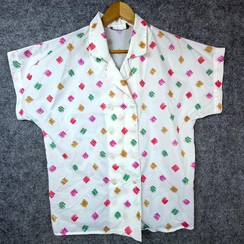 Vintage Smith & Jones Office Blouse Womens L White Abstract Fun Double Breasted